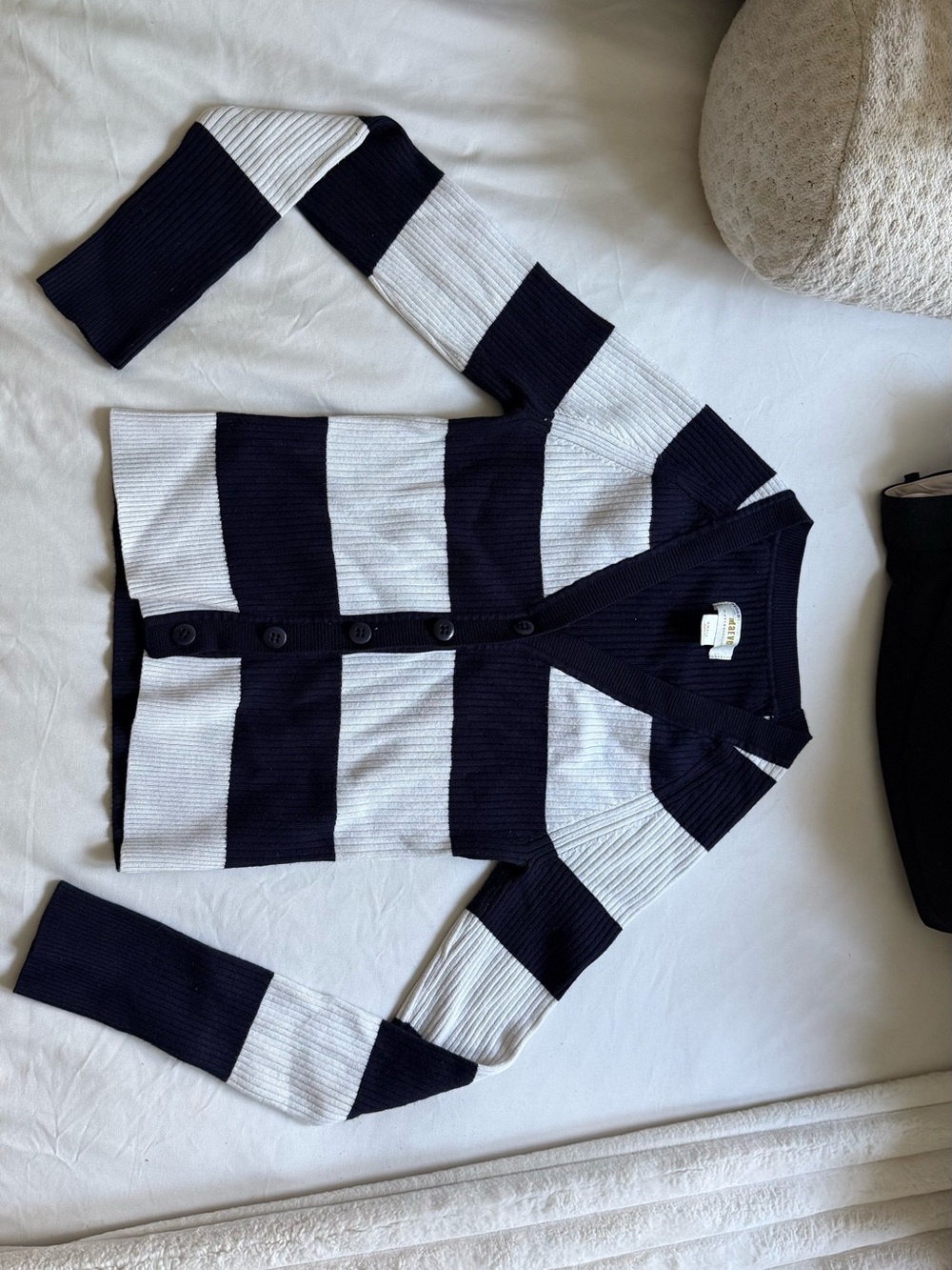Maeve Navy and White Striped Ribbed Cardigan